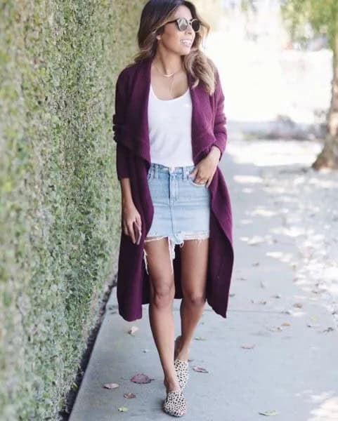 Long Purple Cardigan with White Scoop Neck Vest Top & Denim Skirt