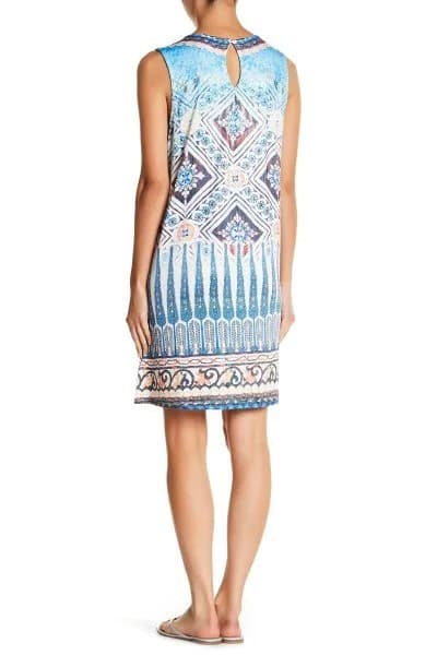 Blue and White Tribal Printed Sleeveless Tunic Dress with Slide Sandals