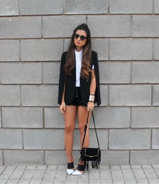 Cape Coat with White Shirt & Black Denim Shorts