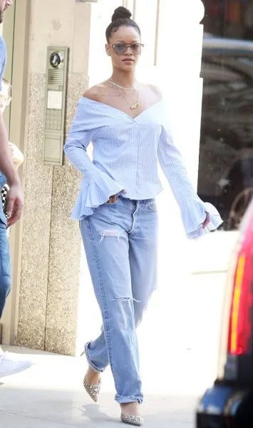 Blue Off The Shoulder Bell Sleeve Blouse with Cuffed Boyfriend Jeans