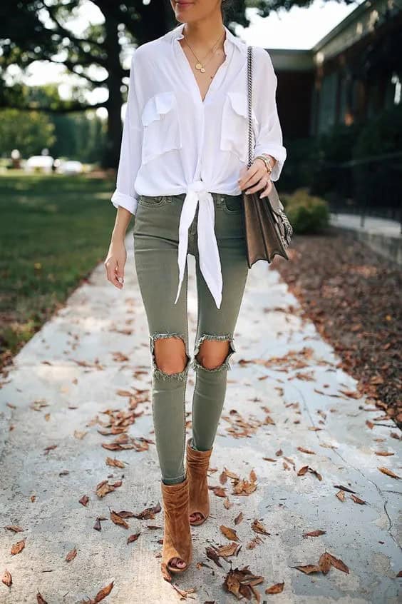 Peep-Toe Booties & Green Ripped Skinny Jeans