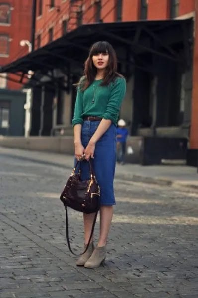 Sweater with Blue High Rise Denim Midi Skirt & Grey Ankle Boots