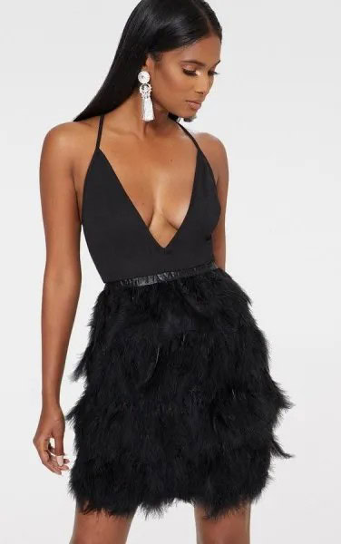 Black Deep V Neck Belted Mini Feather Dress