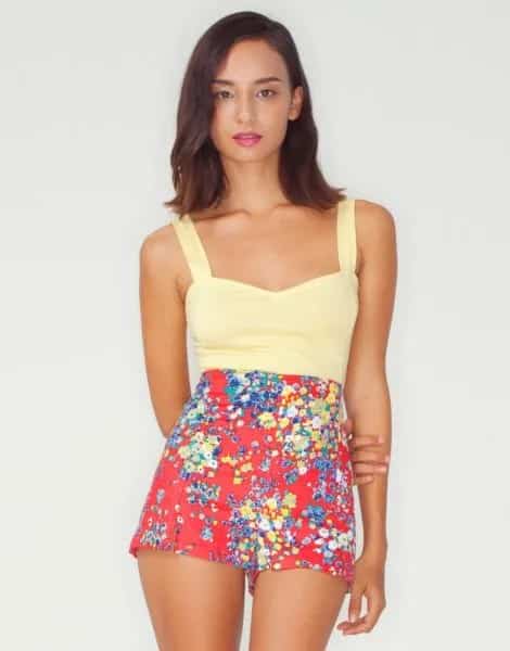 Pale Yellow Vest Top with Red Floral High Waisted Shorts