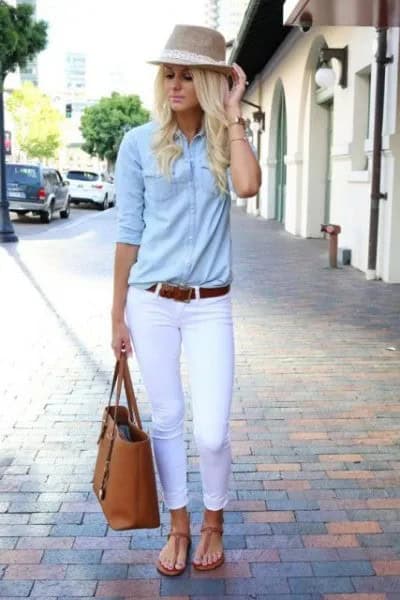 Straw Hat with Chambray Shirt & White Jeans