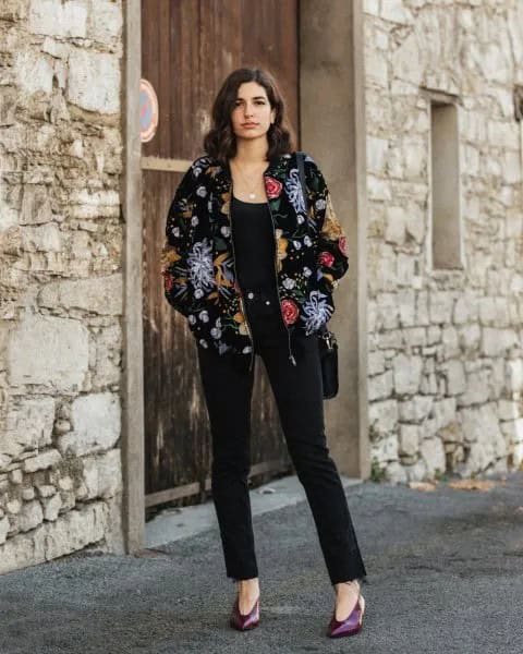 Floral Printed Velvet Bomber Jacket with Black Ankle Jeans