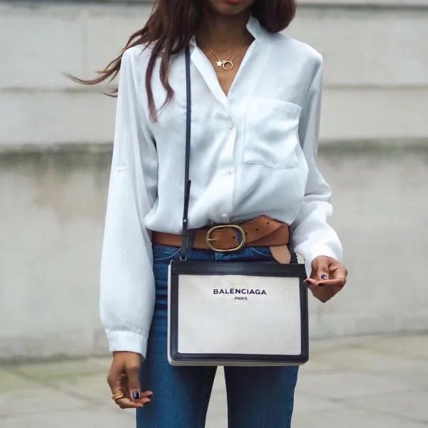 White Silk Button Up Shirt with Blue High Waisted Jeans