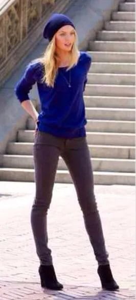 Royal Blue Knit Hat with Matching Fitted Sweater & Grey Skinny Jeans