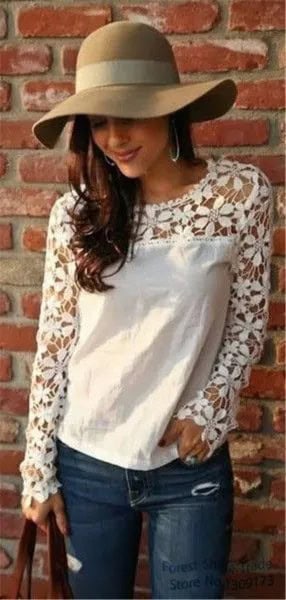 White Long Sleeve Linen Blouse with Lace Details