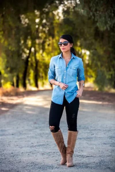 Light Blue Chambray Button Up Shirt with Black Jeans & Grey Suede Flat Knee High Boots