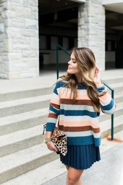 Royal Blue, Green and Pink Striped Sweater with Pleated Mini Skirt