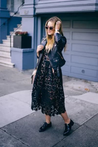 Lace Midi Dress with Black Leather Jacket & Oxford Shoes