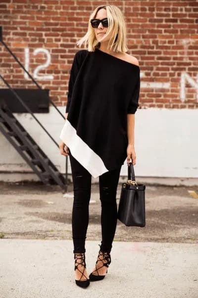 Wear Black Poncho as One Shoulder Top