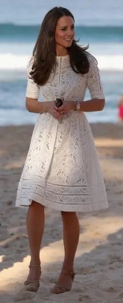 White Crochet Fit an Flare Half Sleeve Summer Dress