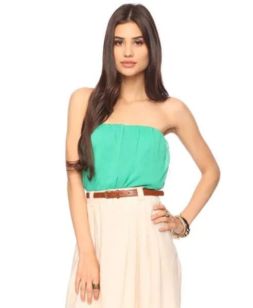 Lake Green Tube Top with White Pleated Midi Skirt