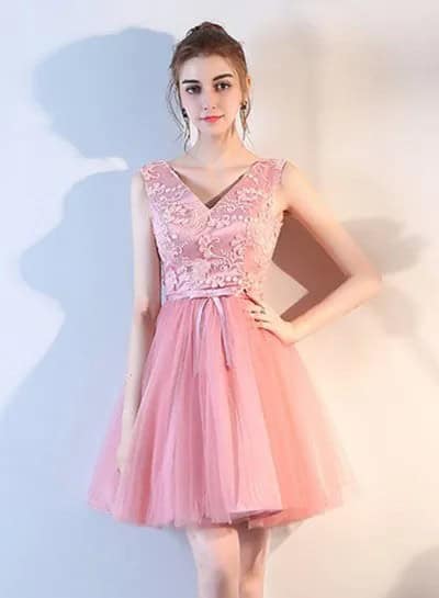 Pink Two-Toned V Neck Lace and Chiffon Mini Cocktail Dress