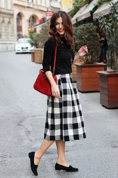 Flared Midi Plaid Skirt with Black Sweater