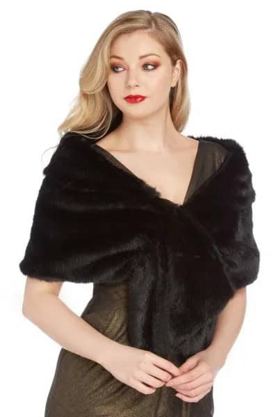 Black Faux Fur Shawl with Grey Fit and Flare Mini Dress