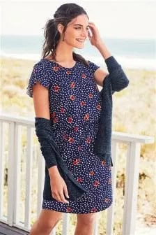 Dark Blue and Orange Gathered Waist Mini Dress with Navy Cardigan