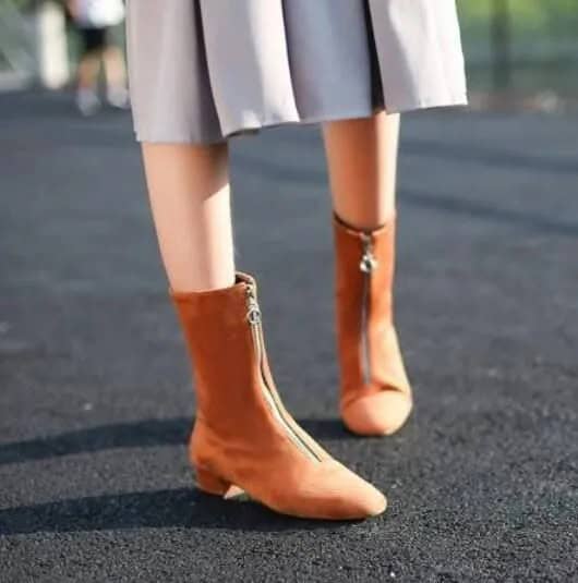 Green Pleated Midi Dress with Camel Zipper Ankle Suede Boots