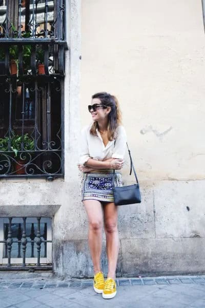 Yellow Running Shoes with White Blouse & Tribal Printed Skirt