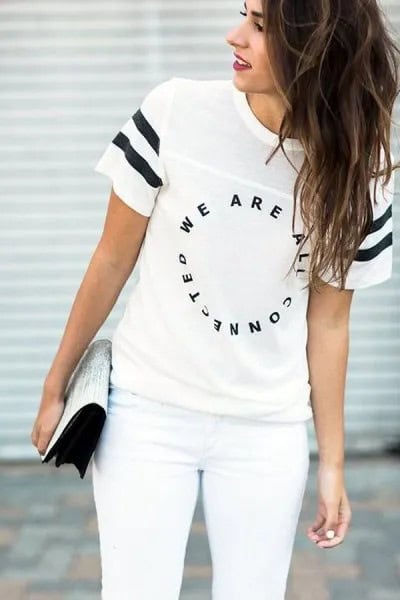 White Cool Print Tee with Matching Skinny Jeans & Sequin Clutch Bag