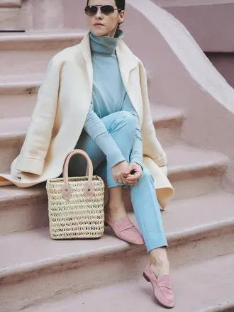 White Wool Blazer with Baby Blue Turtleneck Sweater & Pants