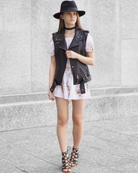 Black Felt Hat with Moto Vest & White Off The Shoulder Mini Chiffon Dress