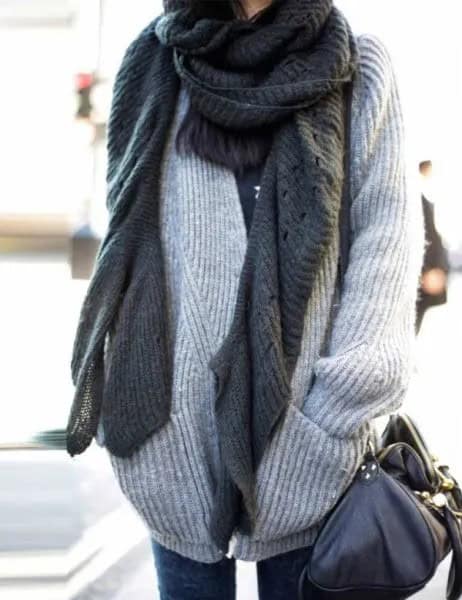 Light Grey Ribbed Chunky Sweater with Shawl Worn as Scarf