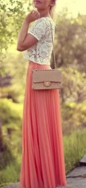 White Cropped Lace Top with Blush Maxi Chiffon Skirt