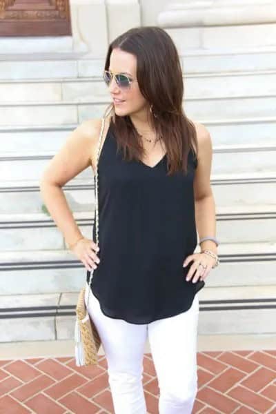 Wear with Black Sleeveless V Neck Blouse & White Skinny Jeans