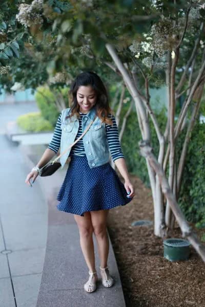 Denim Vest with Navy Blue and White Striped Tee & Skater Skirt