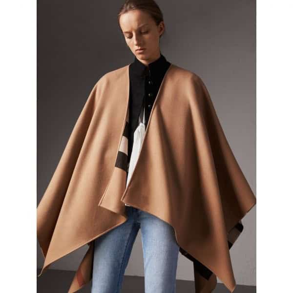 Camel Wool Poncho with Black Button Up Shirt