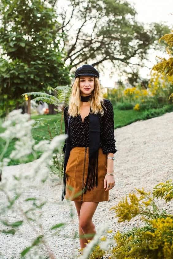 Polka Dot Shirt and Suede Skirt