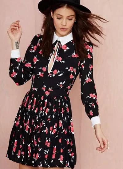 White Collar Navy Floral Long Sleeve Skater Dress