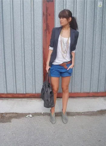 Grey Short Sleeve Blazer with Sky Blue Mini Shorts