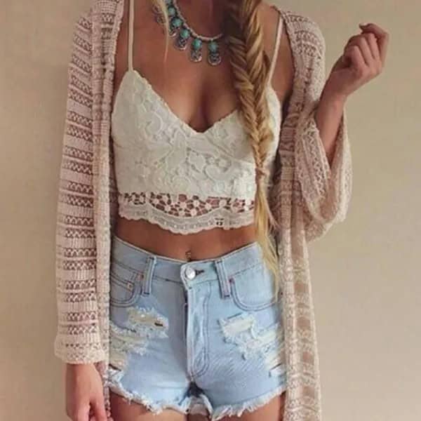 White Lace Bralette with Beige Crochet Cardigan