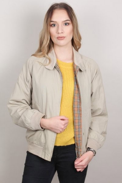 Pale Pink Harrington Jacket with Lemon Yellow Ribbed Knit Sweater