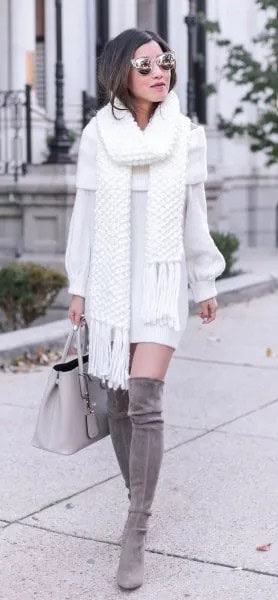 White Fringe Scarf with Matching Sweater Dress & Grey Thigh High Boots