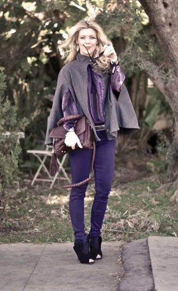 Grey Wool Cape with Skinny Jeans & Ankle Boots