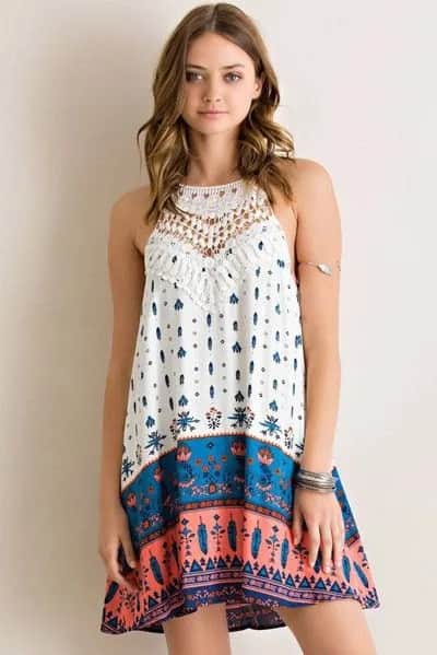 White, Blue and Orange Tribal Printed Color Block Swing Halter Sundress