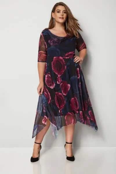 Purple and Brown Half Sleeve Chiffon Semi-Sheer Printed Midi Dress