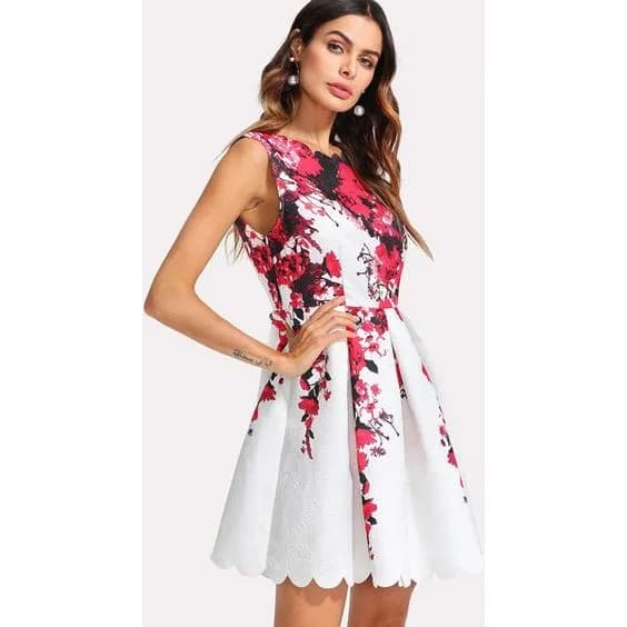 Floral White Scalloped Dress