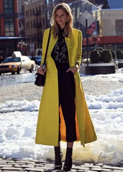 Maxi Slim Fit Lemon Wool Coat with Black Cropped Jeans & Boots