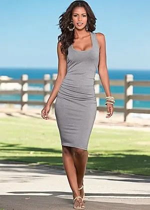 Grey Bodycon Midi Dress with Sandals