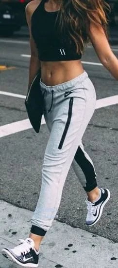 Black Crop Top with Light Grey Jogger Pants