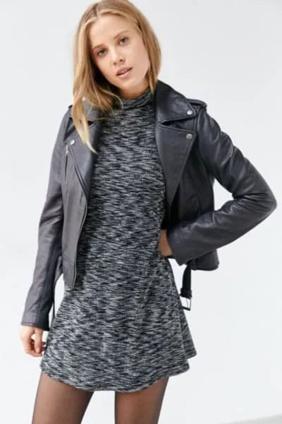 Heather Grey Mock Neck Mini Dress with Leather Jacket