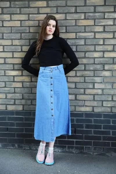 Black Slightly Cropped Bell Sleeve Top with Blue Long Denim Button Front Skirt