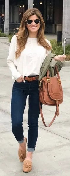 White Long Sleeve Blouse with Dark Blue Cuffed Skinny Jeans & Tan Loafers