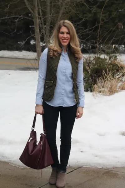 Green Quilted Vest with Light Blue Button Up Shirt